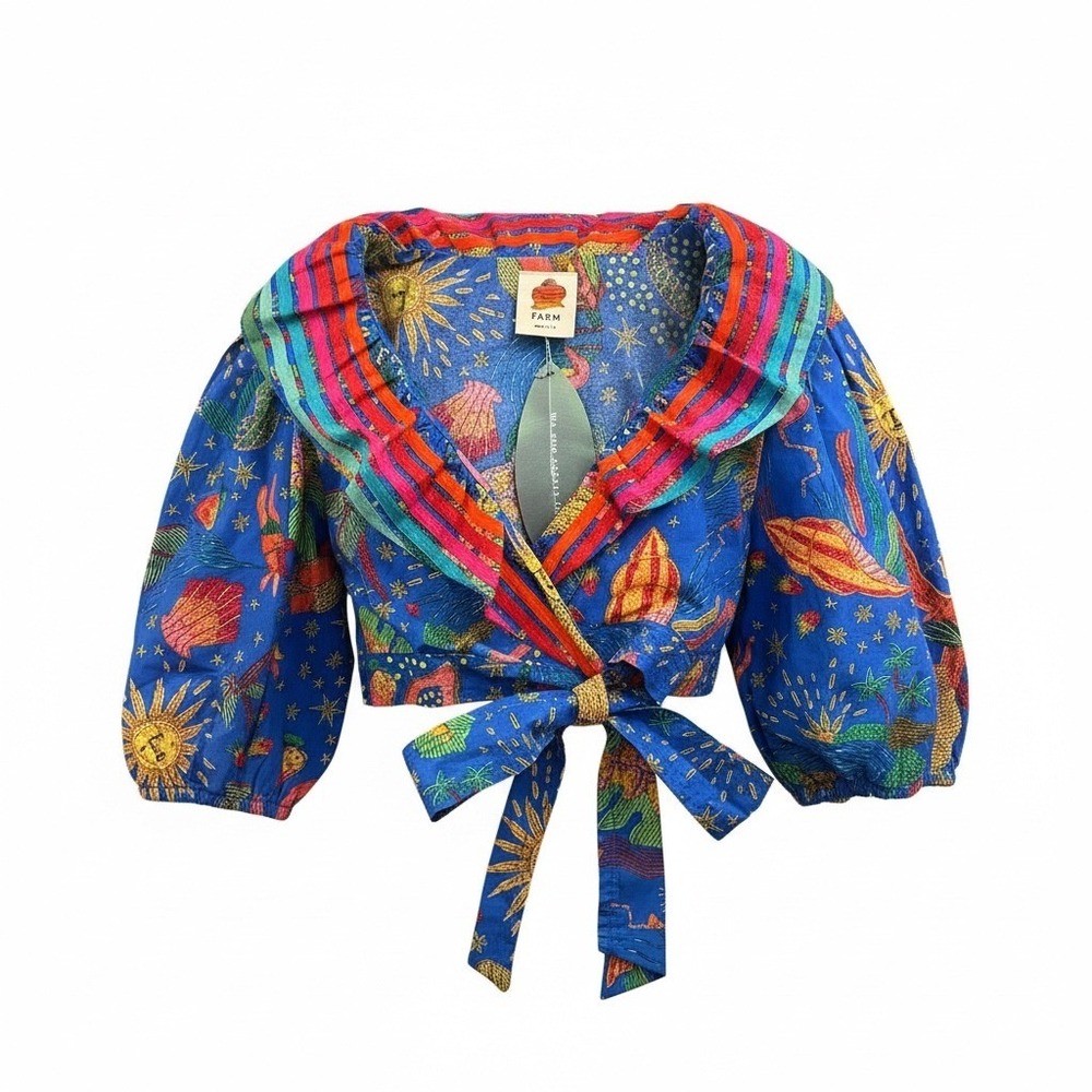 FARM Rio Ocean Blouse XS‎ Blue Multicolor Embroidered Puff Sleeve Wrap Crop Boho